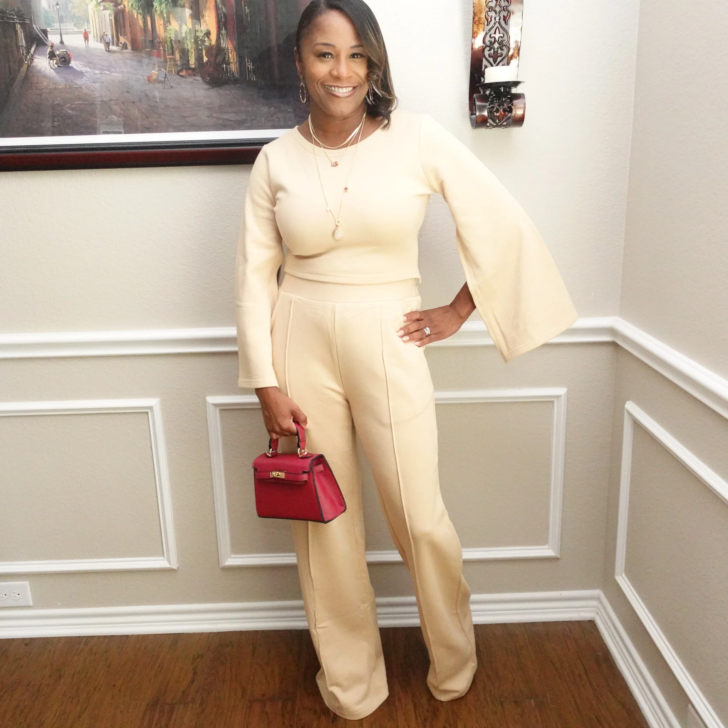 Slit Sleeve Top/ Wide Leg Pant Set