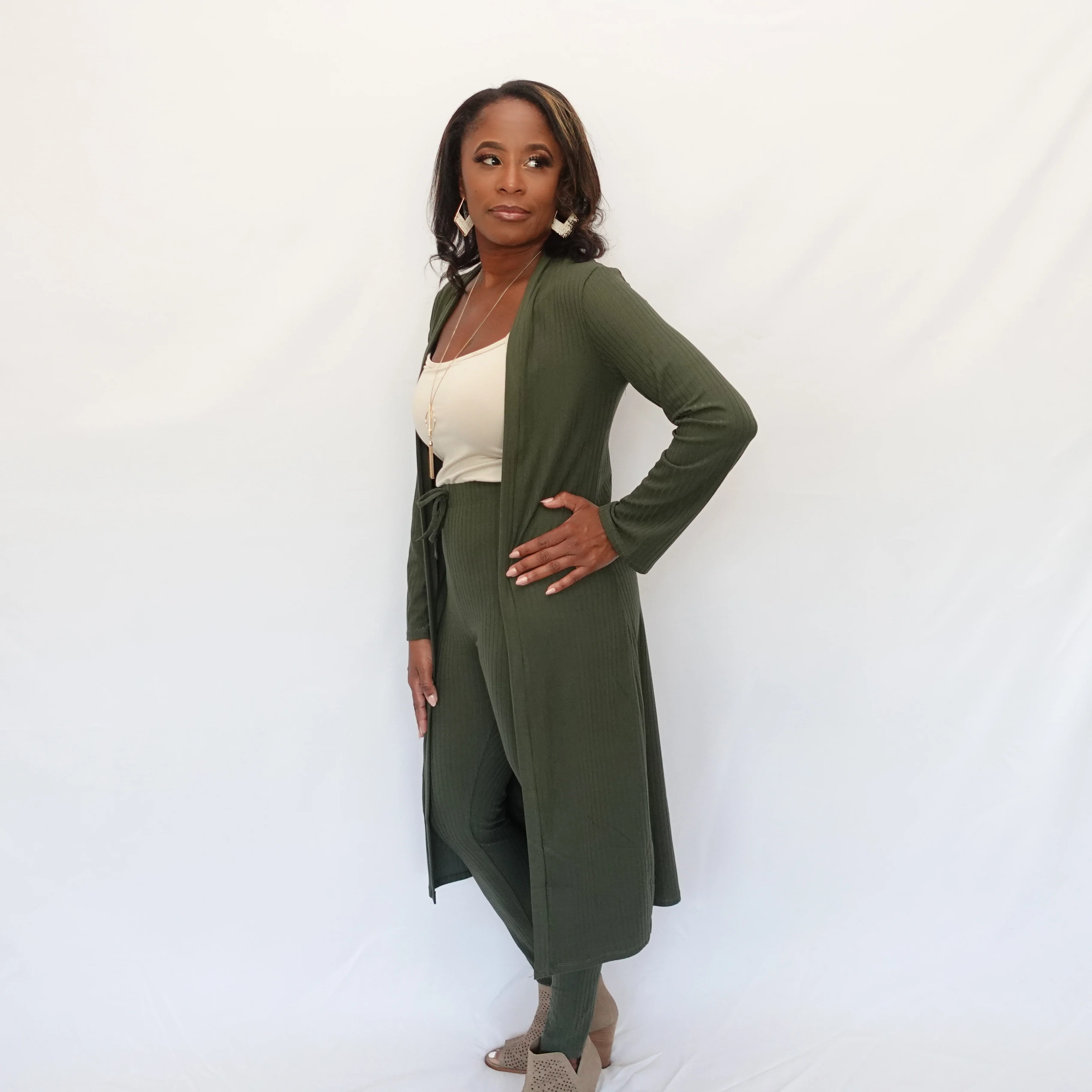 Ribbed Cardigan & Leggings Set (Olive)