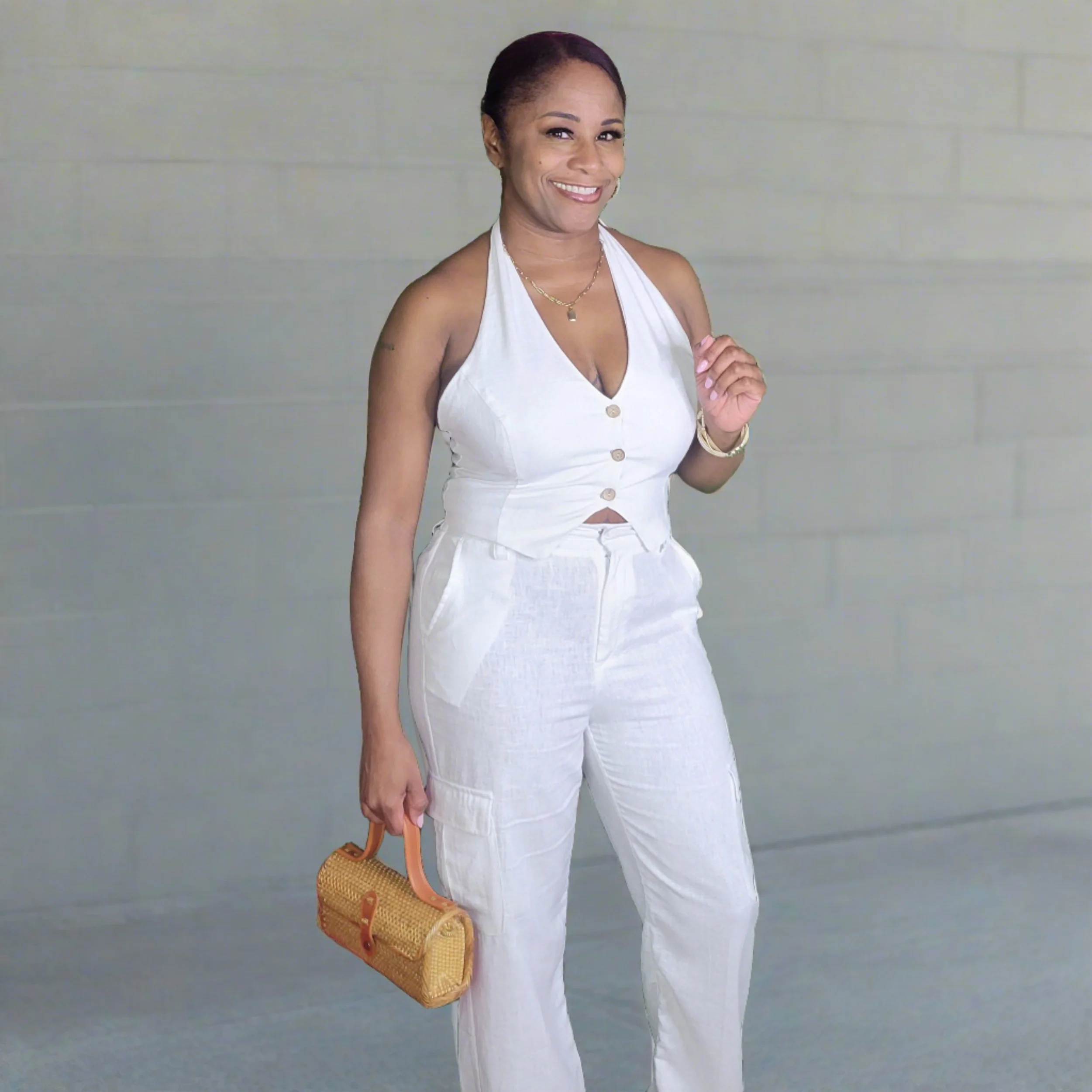 Linen Halter Vest and Cargo Pant Set(White)