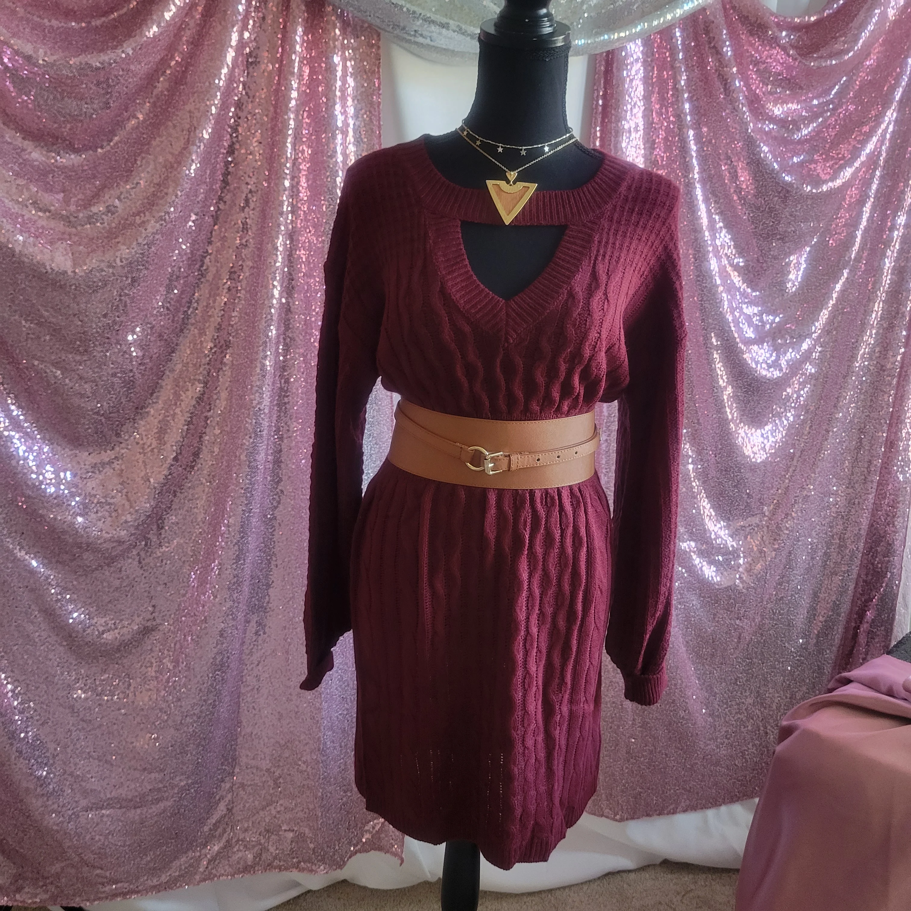 V-Neck Cable Knit Sweater Dress